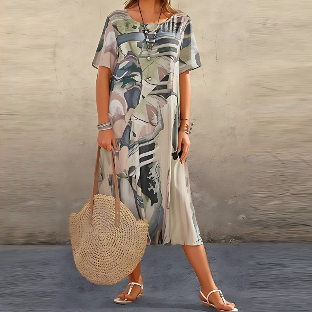 Plus Size Blomstret Kjole Kort Ærme Løs Pasform Boheme - Grey