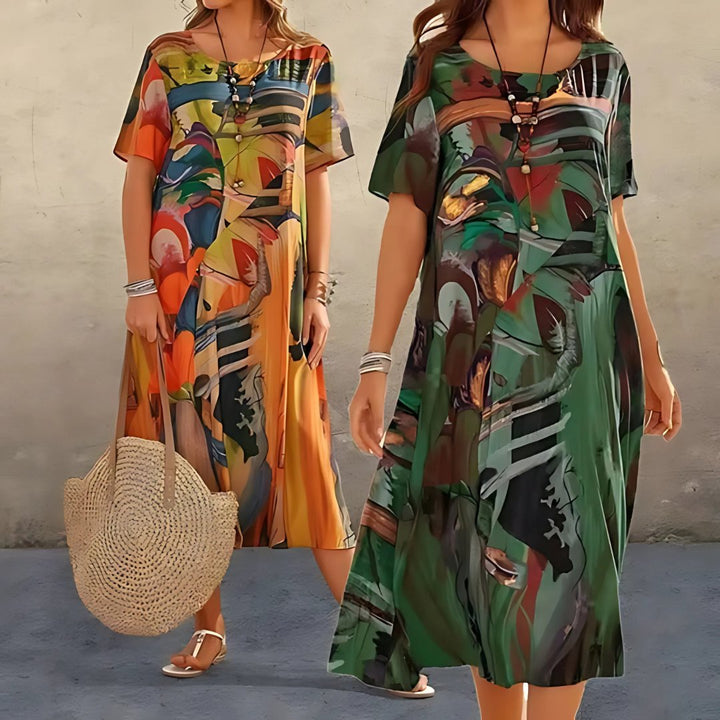 Plus Size Blomstret Kjole Kort Ærme Løs Pasform Boheme