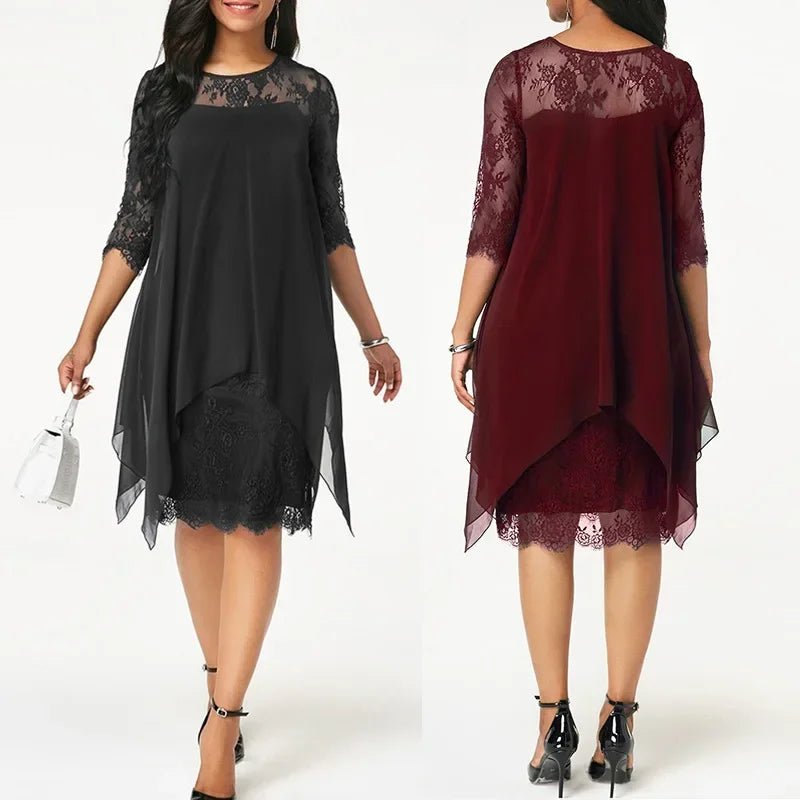Plus size chiffon kjole med blonde og asymmetrisk hem