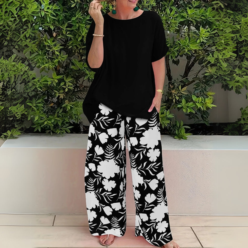 Plus Size Elegant Todelssæt Blomstermønster Bredbenet - Carbon Black
