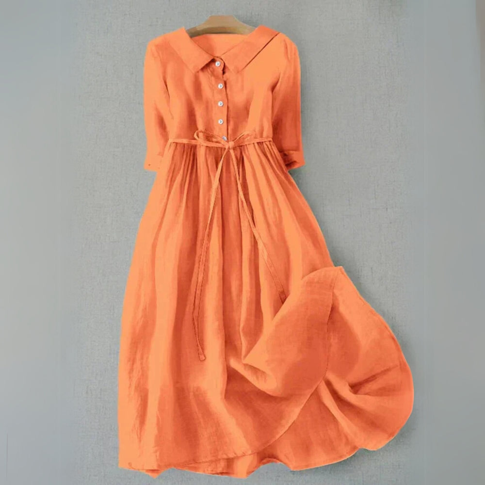Plus Size Kjole Casual Skjortekjole Med Bælte Lang - Orange