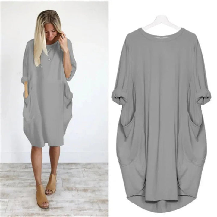 Plus Size Kjole med Lommer Løs Pasform Elegant Stil - Gray
