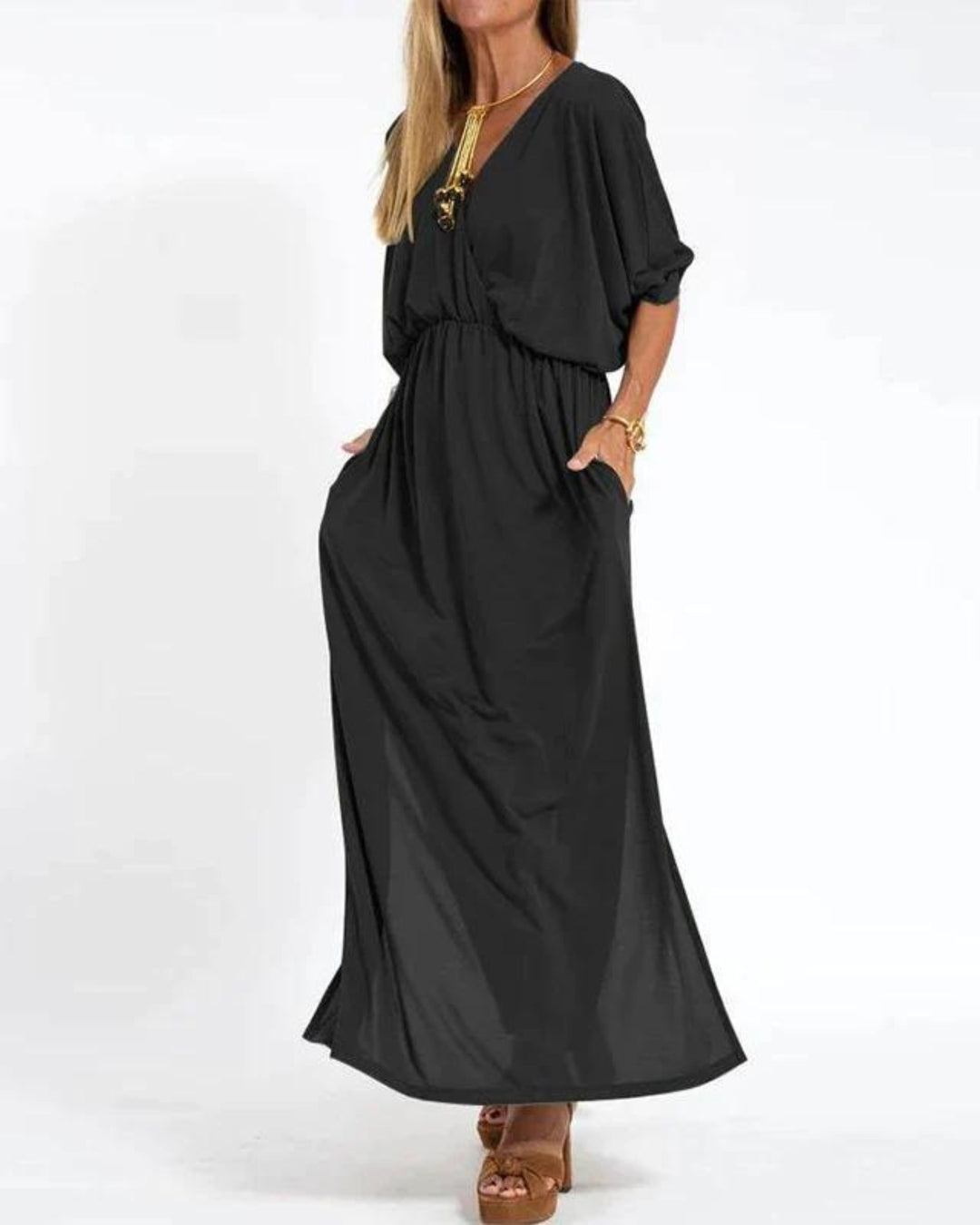 Plus Size Lang Kjole Løs Pasform Olivengrøn Maxikjole - Black