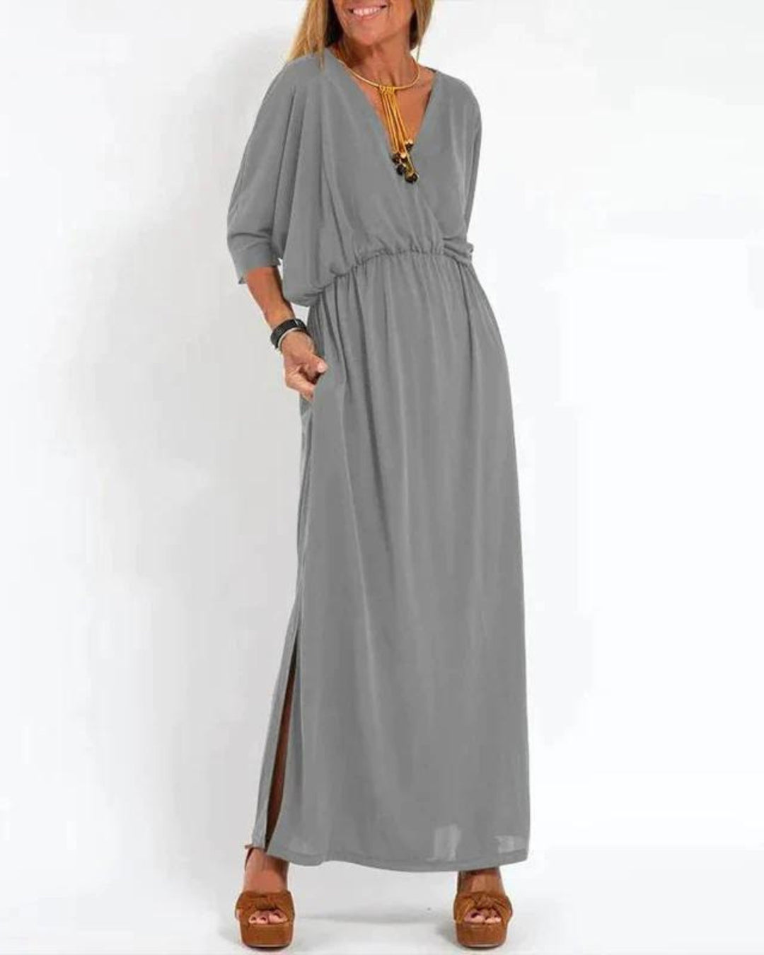 Plus Size Lang Kjole Løs Pasform Olivengrøn Maxikjole - Light Gray