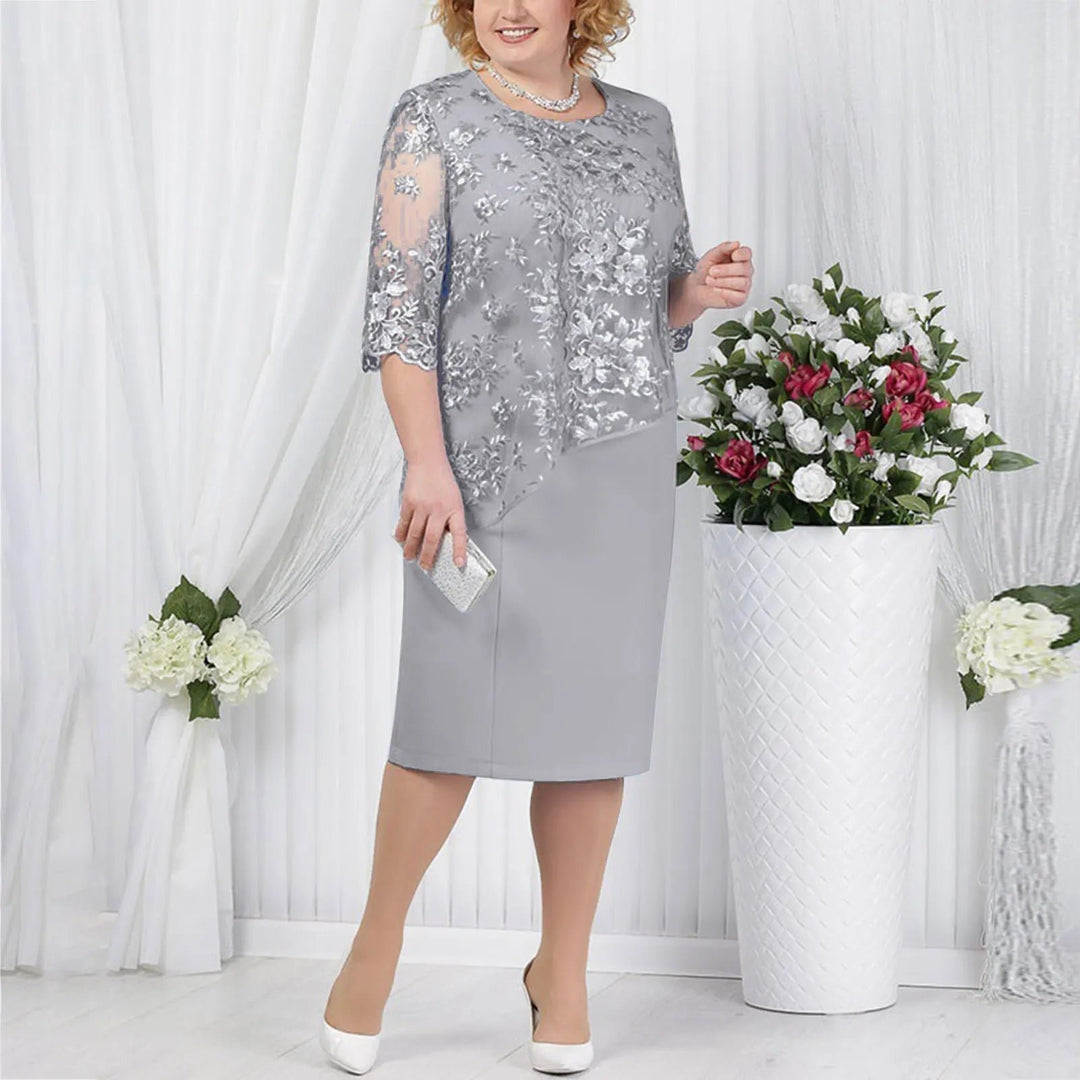 Plus Size Midi Kjole Blonde Detaljer Elegant Festkjole - Grey