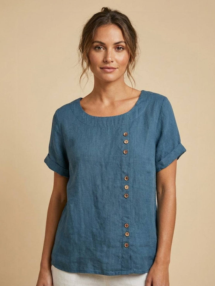 Tilde | Dame Hør Rund Hals Knappet Bluse
