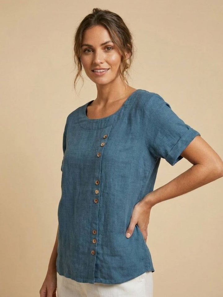 Tilde | Dame Hør Rund Hals Knappet Bluse