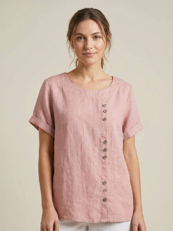 Tilde | Dame Hør Rund Hals Knappet Bluse