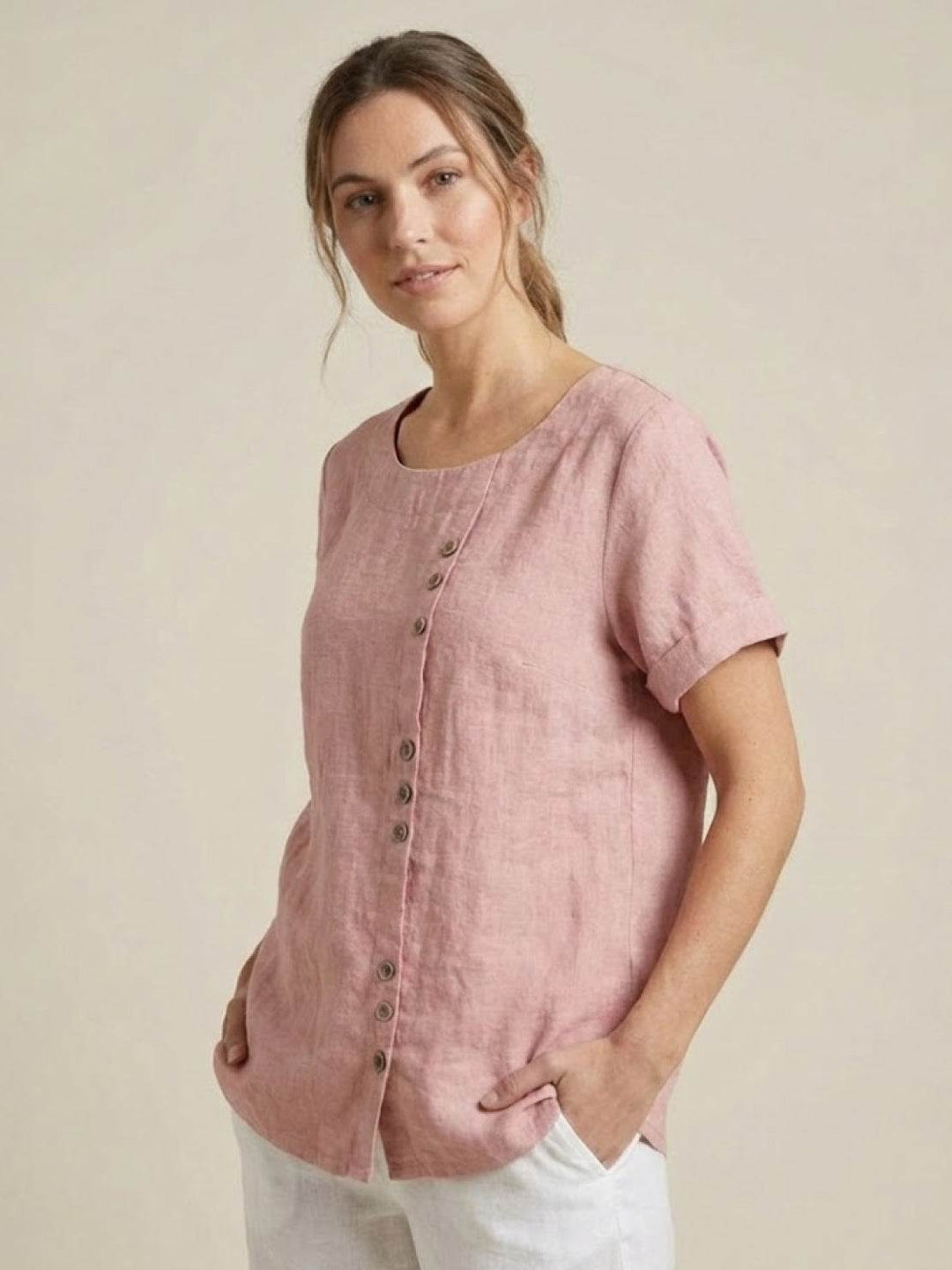 Tilde | Dame Hør Rund Hals Knappet Bluse