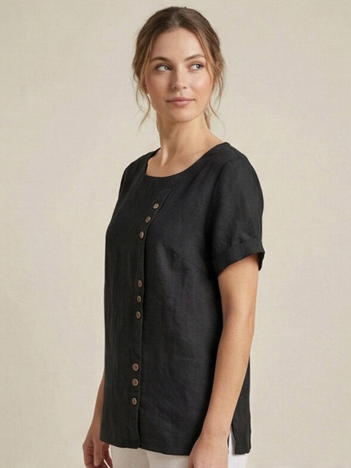 Tilde | Dame Hør Rund Hals Knappet Bluse