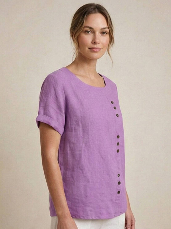 Tilde | Dame Hør Rund Hals Knappet Bluse
