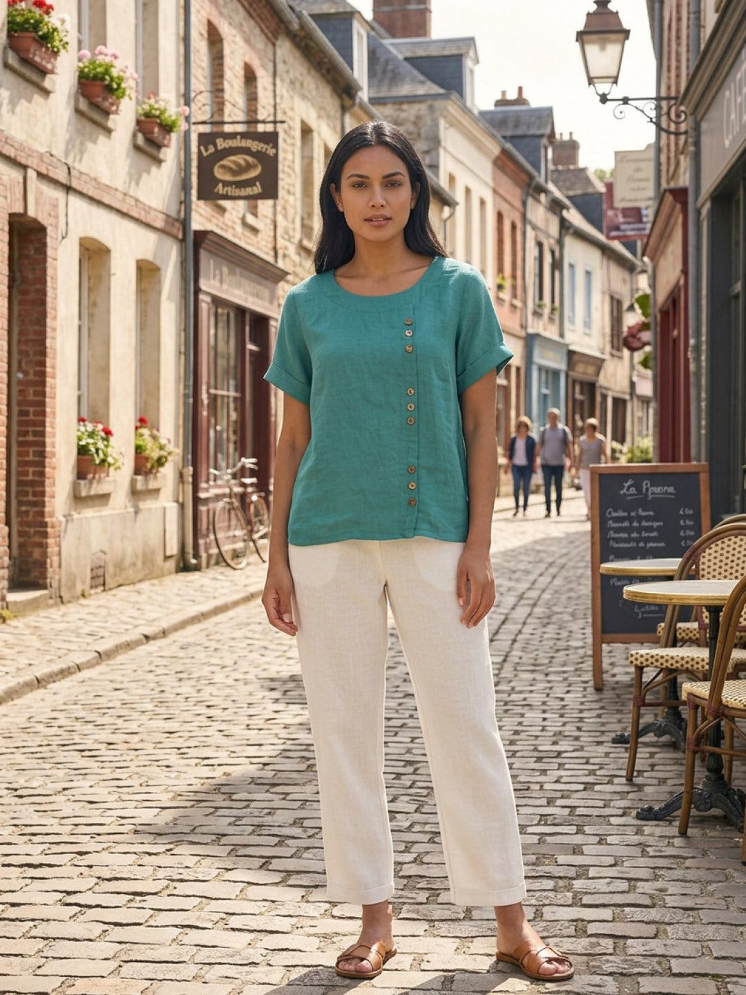 Tilde | Dame Hør Rund Hals Knappet Bluse