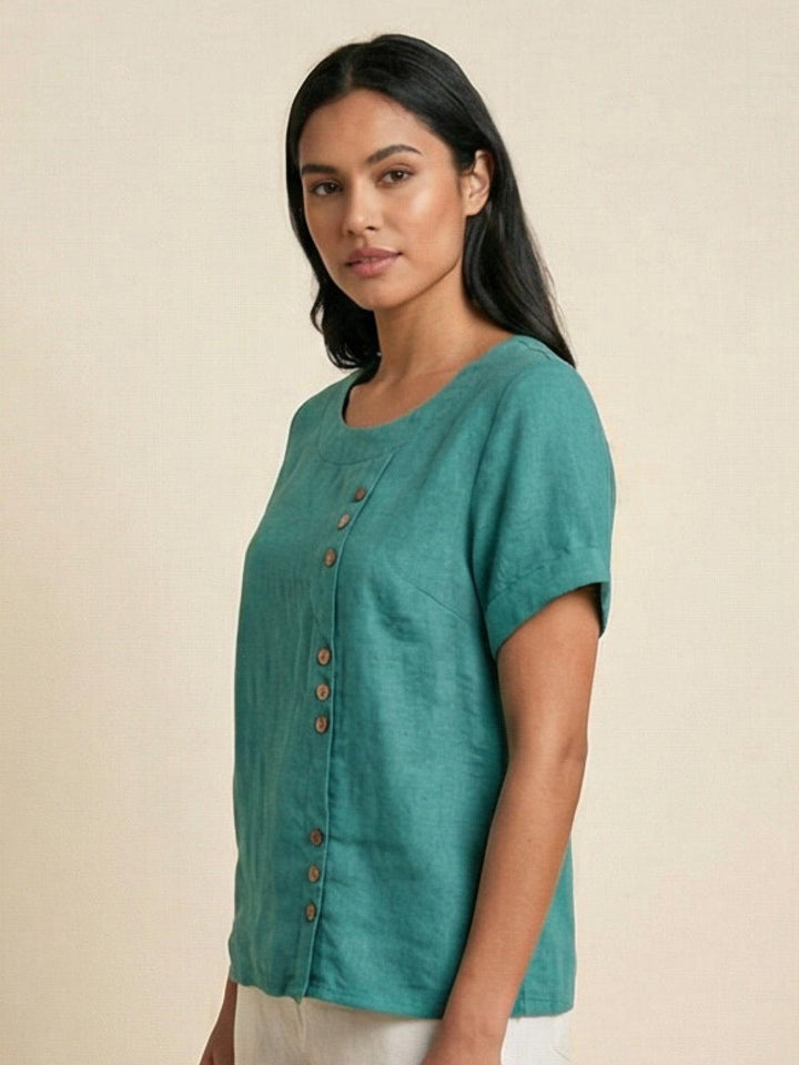 Tilde | Dame Hør Rund Hals Knappet Bluse