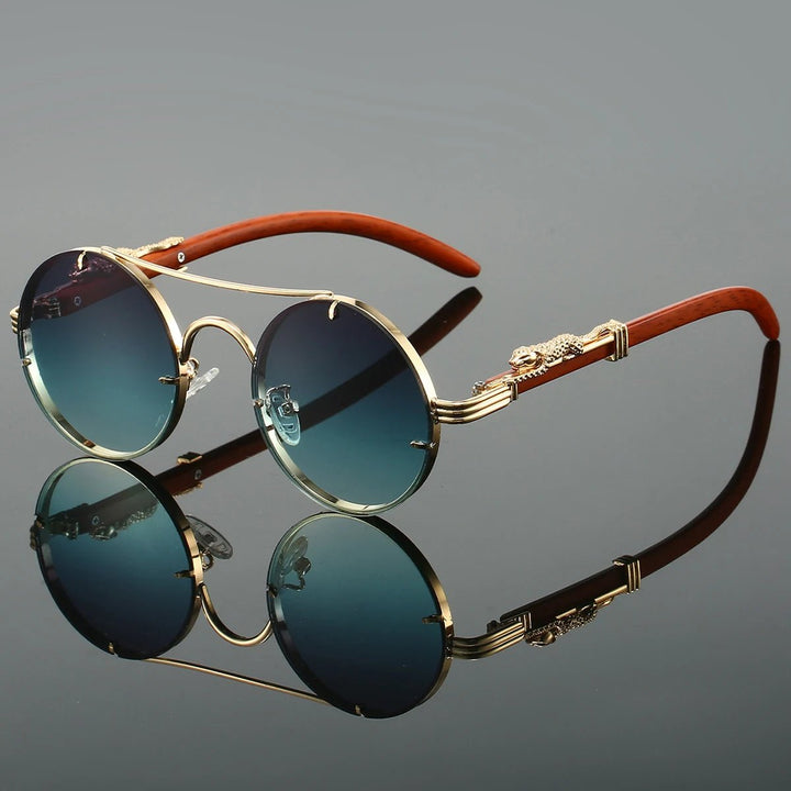 Sunglasses Double Bridge Vintage Guld UV400 - Gray Green