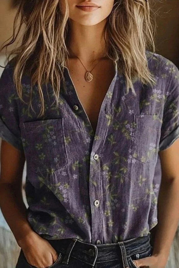 Vintage Blomsterbluse Bomuldsskjorte Kortærmet