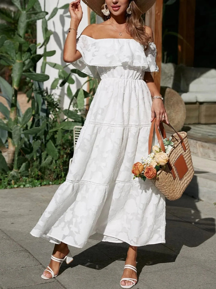 Bente | Dame Off Shoulder Lagdelt Maxi Kjole Til Bryllupsgæst