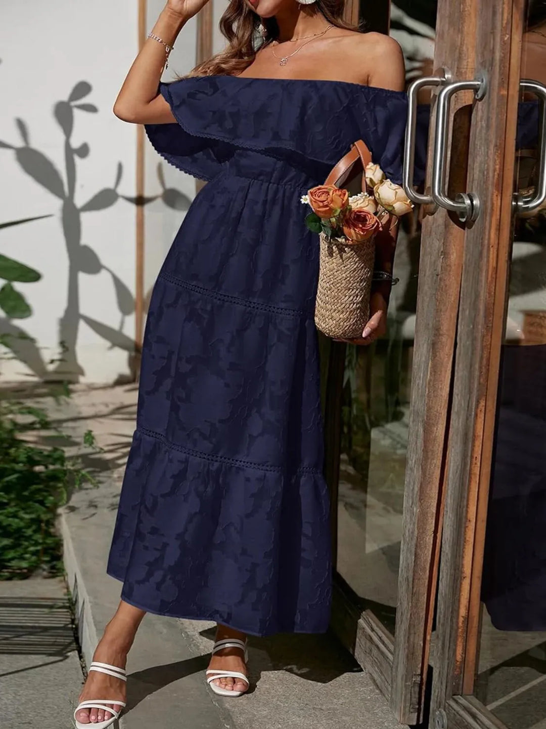 Bente | Dame Off Shoulder Lagdelt Maxi Kjole Til Bryllupsgæst