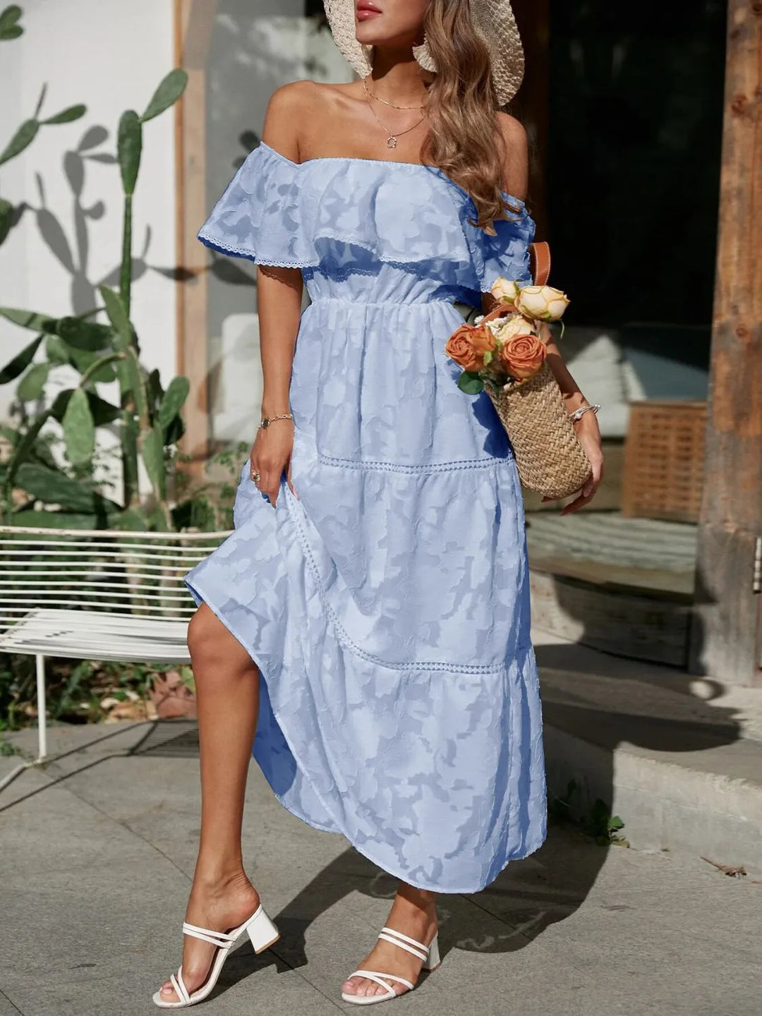 Bente | Dame Off Shoulder Lagdelt Maxi Kjole Til Bryllupsgæst