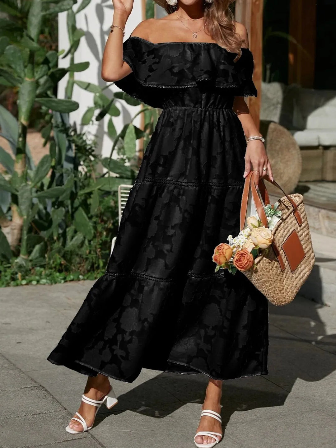 Bente | Dame Off Shoulder Lagdelt Maxi Kjole Til Bryllupsgæst