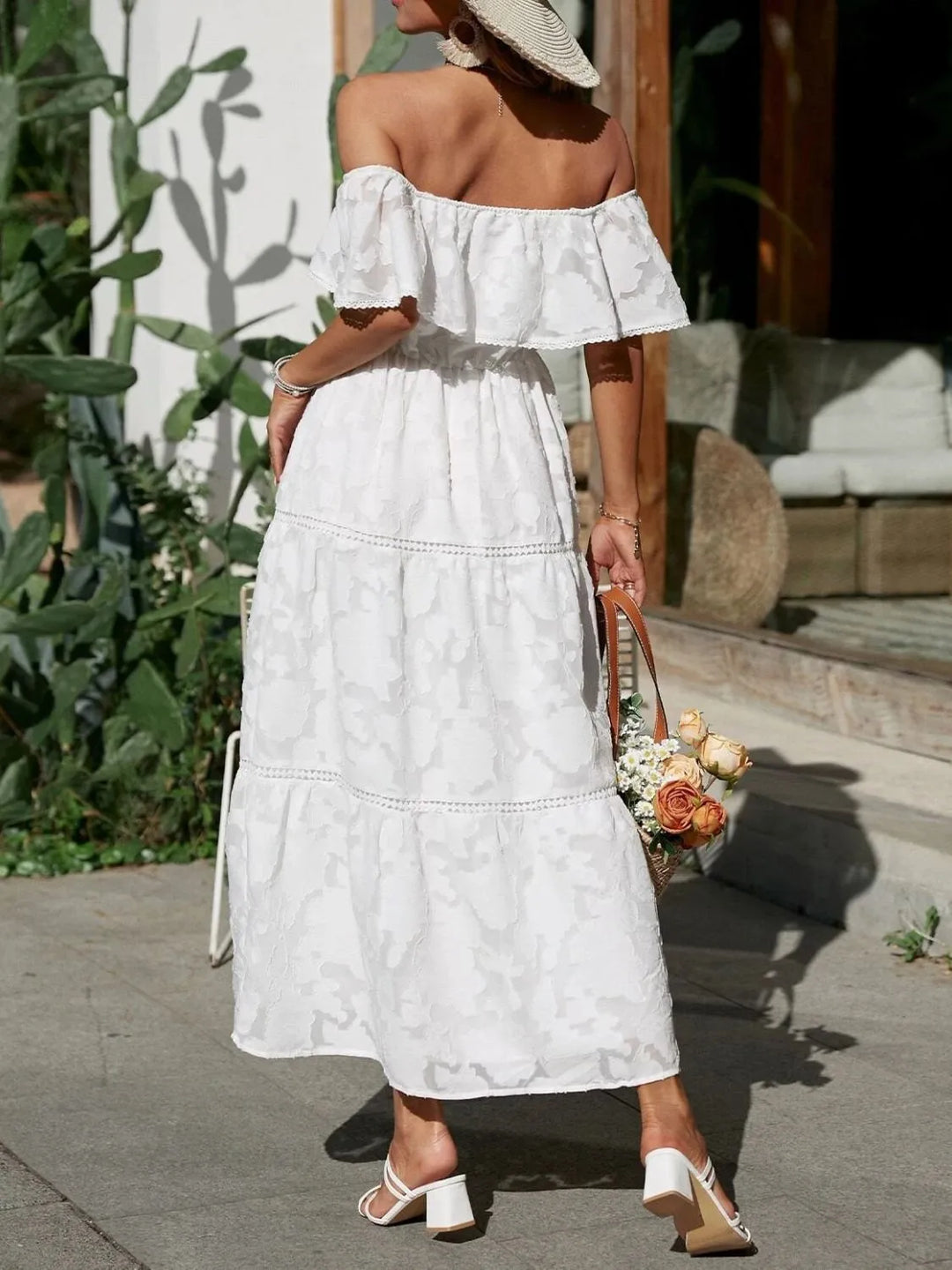 Bente | Dame Off Shoulder Lagdelt Maxi Kjole Til Bryllupsgæst