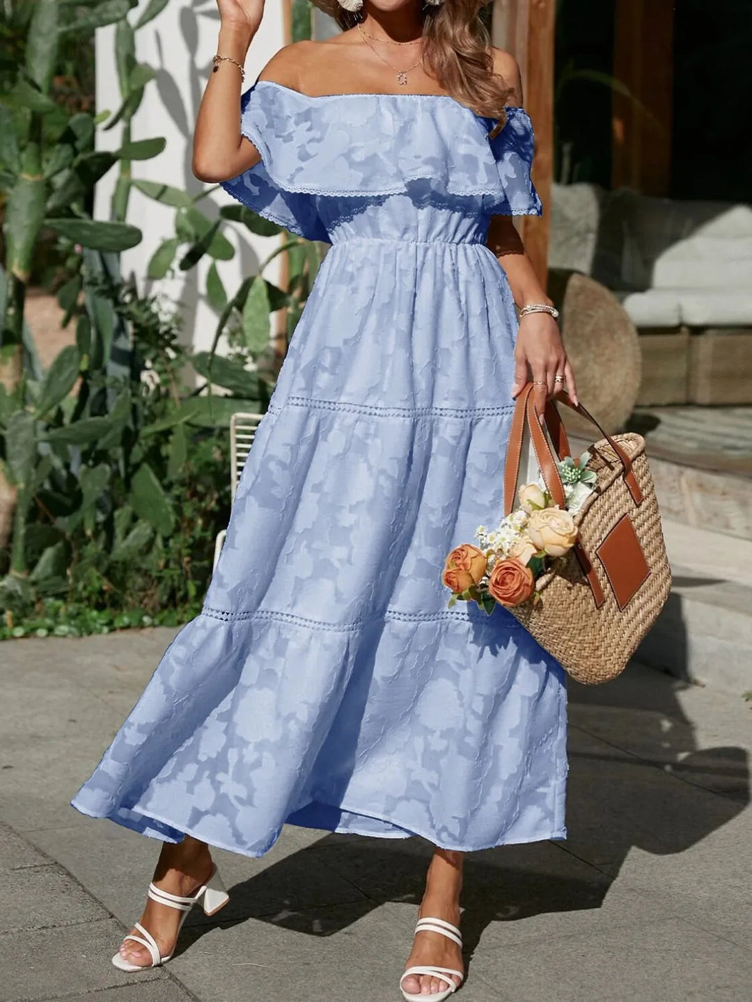 Bente | Dame Off Shoulder Lagdelt Maxi Kjole Til Bryllupsgæst