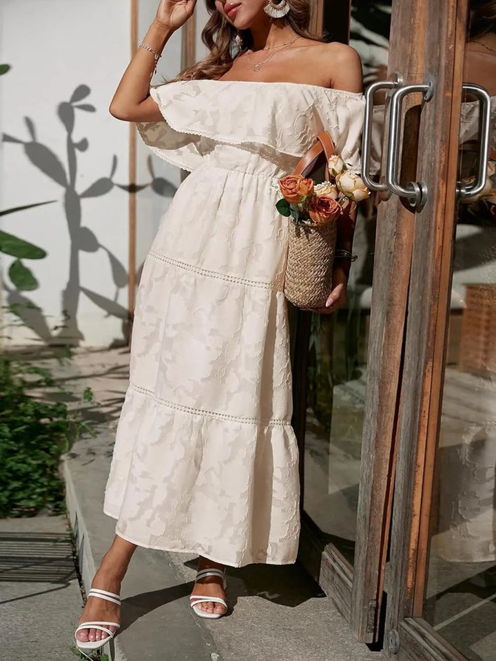 Bente | Dame Off Shoulder Lagdelt Maxi Kjole Til Bryllupsgæst